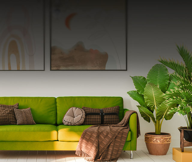 Green sofa in a room